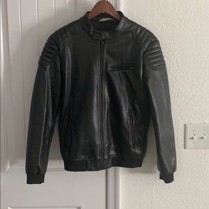 Zara Faux Black Leather Bomber Jacket (Slim Fit)